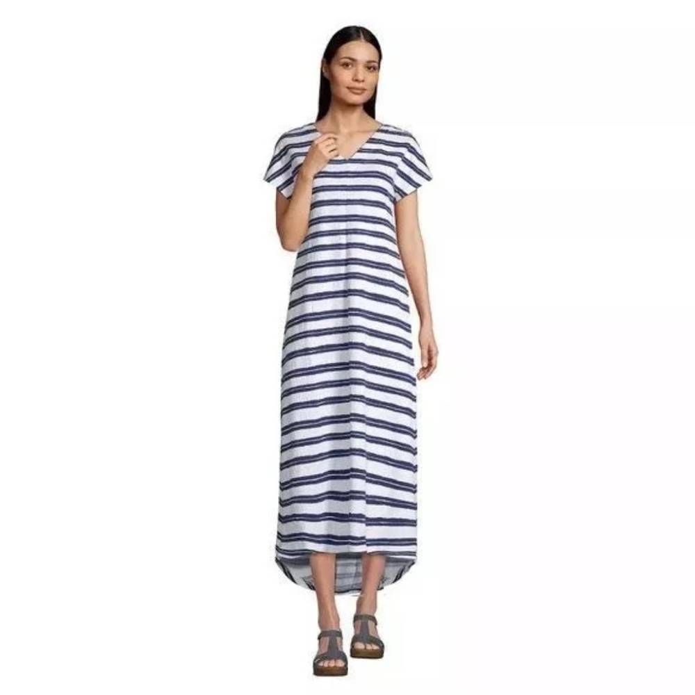 Medium Lands End blue and white stripe short sleeve high low dress